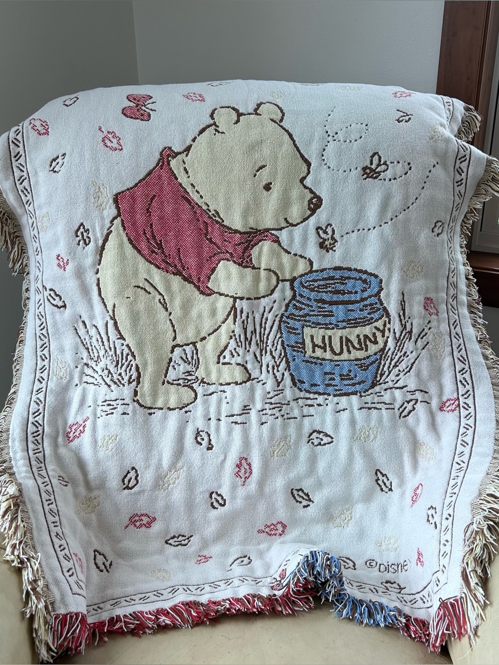 Disney Winnie the Pooh Cream Throw Blanket with Red and Blue Accents